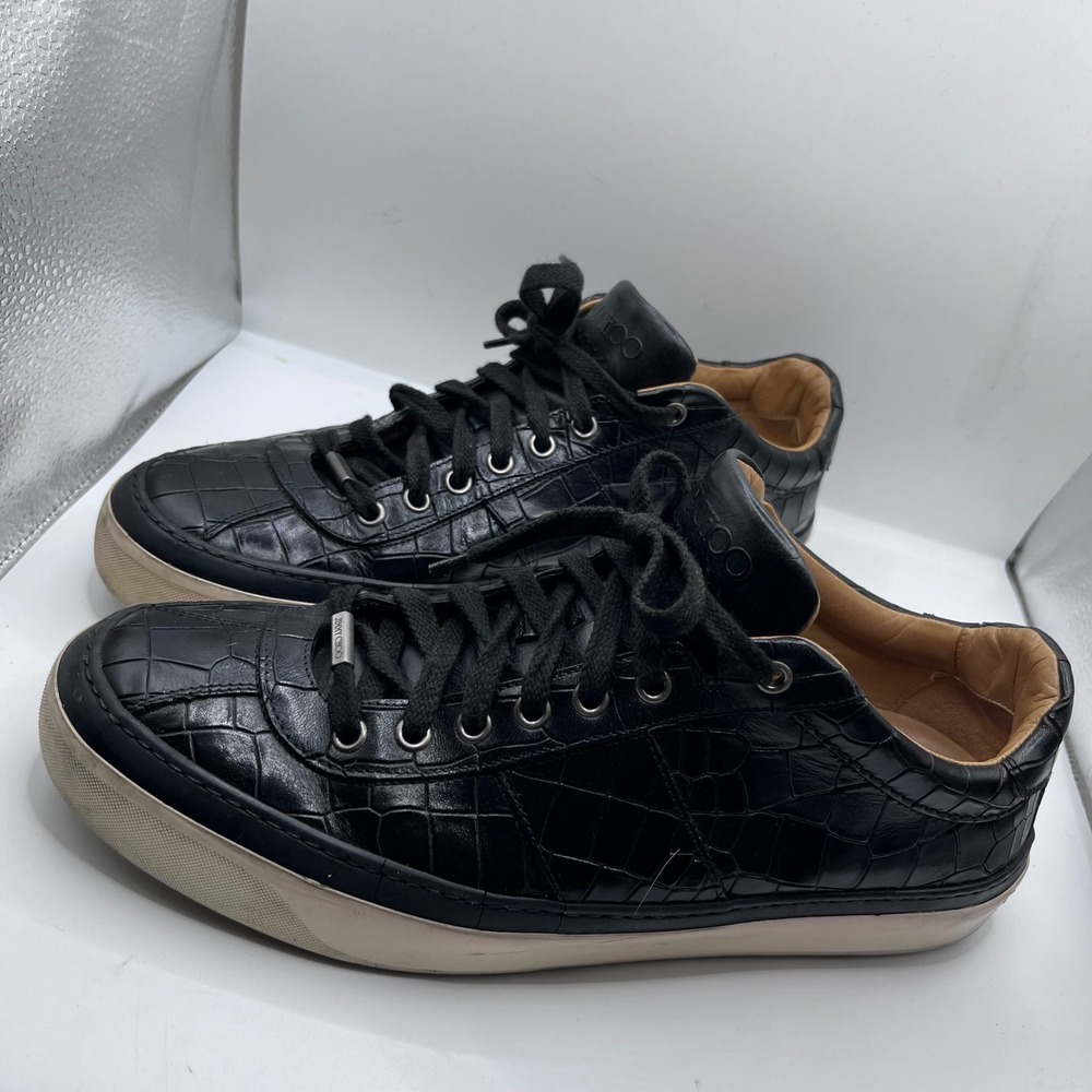Jimmy Choo Sneakers Mens 43.5 Black Crocodile Embossed Leather Low Top Ace